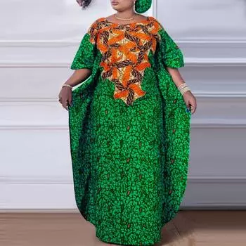 Женское длинное платье с круглым вырезом и короткими рукавами больших размеров с принтом