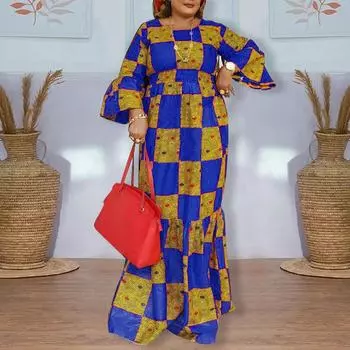 Женское длинное платье с круглым вырезом и длинными рукавами больших размеров в стиле пэчворк с рюшами и подолом M красный