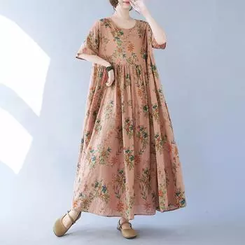 Женское длинное платье с круглым вырезом и принтом, свободное мягкое и дышащее платье больших размеров, повседневное модное летнее пляжное платье для женщин one size