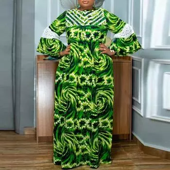 Женское длинное платье с круглым вырезом и длинным рукавом с принтом больших размеров M зелёный