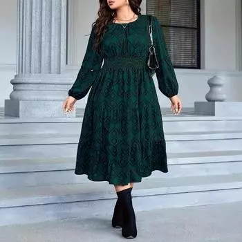 Женское длинное платье с круглым вырезом и рукавами-фонариками большого размера с цветочным принтом 0XL зелёный