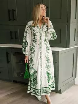 Женское длинное платье с одной грудью и лацканами с принтом и длинными рукавами-фонариками, пляжные женские халаты M зелёный