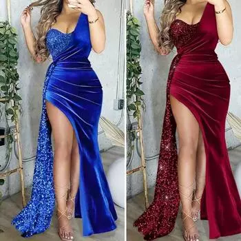 Женское длинное платье с пайетками, элегантное сексуальное платье на одно плечо с блестками, лоскутное платье без рукавов с гофрировкой, вечернее платье макси с высоким разрезом L красный