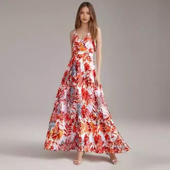 Женское длинное платье с принтом в стиле бохо, сексуальное платье-халтер с V-образным вырезом M оранжевый