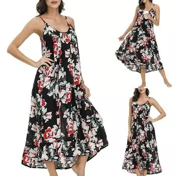 Женское длинное платье с v-образным вырезом и цветочным принтом, пляжное длинное платье с карманом и поясом для чулок L чёрный