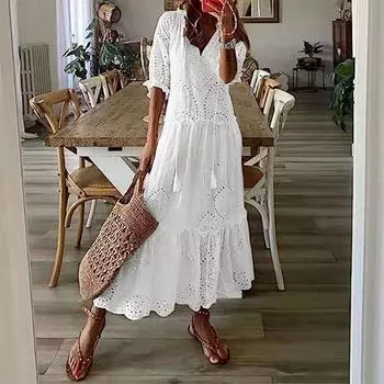 Женское длинное платье с V-образным вырезом, свободное дорожное летнее пляжное платье, богемные качели, макси-платья L белый