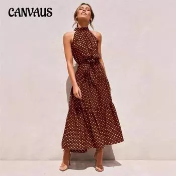 Женское длинное платье с воротником-стойкой и принтом в горошек S жёлтый