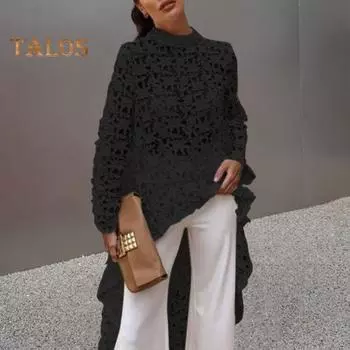 Женское длинное платье с вырезом сверху, нерегулярным вязанием крючком, кружевом, цветочным узором, прозрачной короткой передней частью и длинной задней частью, с полувысоким воротником и длинными рукавами S темно-синий