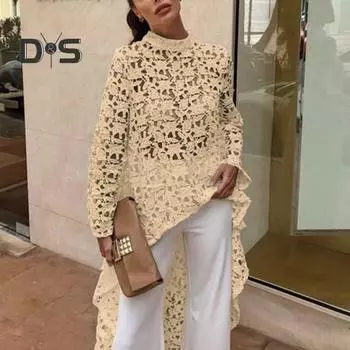 Женское длинное платье с вырезом сверху, нерегулярным вязанием крючком, кружевом, цветочным узором, прозрачной короткой передней частью и длинной задней частью, с полувысоким воротником и длинными рукавами S чёрный