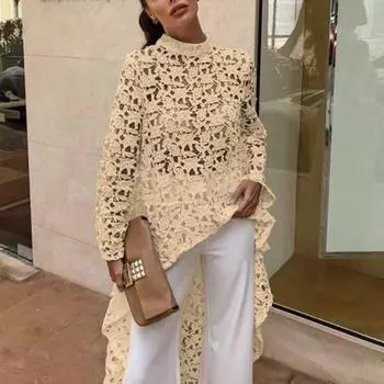 Женское длинное платье с вырезом сверху, нерегулярным вязанием крючком, кружевом, цветочным узором, прозрачной короткой передней частью и длинной задней частью, с полувысоким воротником и длинными рукавами S жёлтый