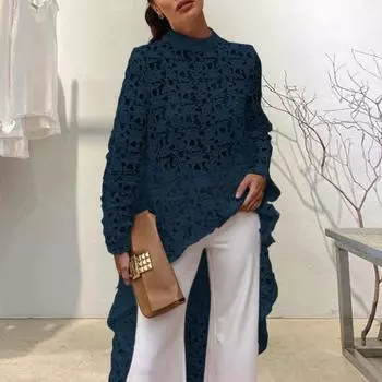 Женское длинное платье с вырезом сверху, нерегулярным вязанием крючком, кружевом, цветочным узором, прозрачной короткой передней частью и длинной задней частью, с полувысоким воротником и длинными рукавами S чёрный