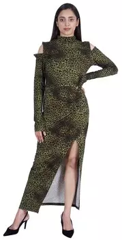 Женское длинное платье с высоким вырезом и разрезом с принтом Moomaya Повседневное платье с открытыми плечами L оранжевый