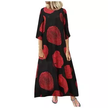 Женское длинное платье со средним рукавом и винтажным принтом, длинное платье, свободное длинное платье с круглым вырезом XL красный