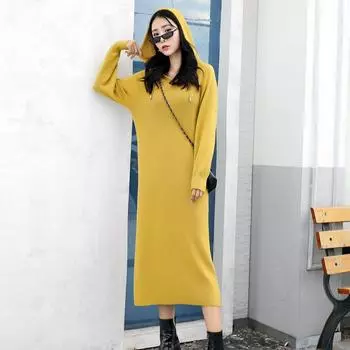 Женское длинное платье-свитер с капюшоном, однотонное, с длинным рукавом, прямое, черный, абрикосовый, хаки, кофейно-желтый One Size чёрный