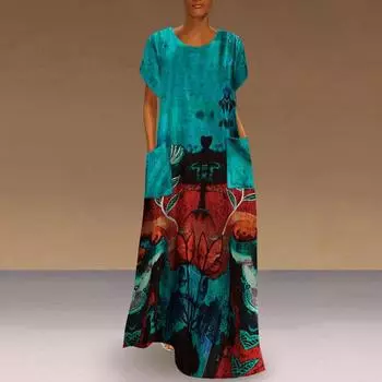 Женское длинное платье в национальном стиле на весну и лето, богемное длинное платье с прямым круглым вырезом и коротким рукавом, свободная талия с карманом и принтом S красный