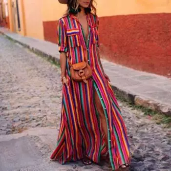 Женское длинное платье в полоску, модное цветное контрастное воротник с лацканами, кардиган на пуговицах, богемное удобное женское платье из полиэстера, женское платье M чёрный