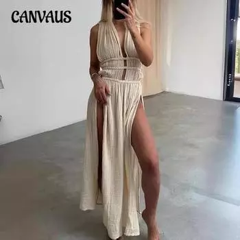 Женское длинное платье в стиле бохо из льняной смеси без рукавов с косой талией и разрезом One Size чёрный