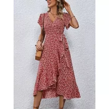 Женское длинное платье в стиле бохо, летнее сексуальное платье с завышенной талией и короткими рукавами с цветочным принтом S