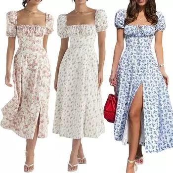 Женское длинное платье в стиле ретро, летнее богемное платье с цветочным принтом, пышными рукавами, квадратным воротником и завязками, платье с высоким разрезом, уличная одежда XL синий
