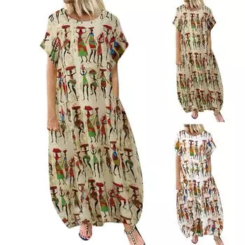 Женское длинное платье в стиле ретро с круглым вырезом, платье свободной длины с принтом, платье с принтом, свободное платье в этническом стиле L бежевый
