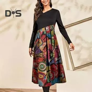 Женское длинное платье весна-осень с v-образным вырезом и принтом, свободная талия и длинные рукава, женское повседневное платье макси до щиколотки с длинными рукавами 2XL синий