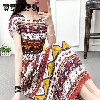 Женское длинное платье, женское летнее винтажное платье с высокой талией и коротким рукавом, тонкое элегантное платье с круглым воротником и принтом XXXL