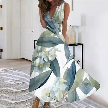 Женское длинное повседневное платье, летнее платье без рукавов с v-образным вырезом и талией с принтом M
