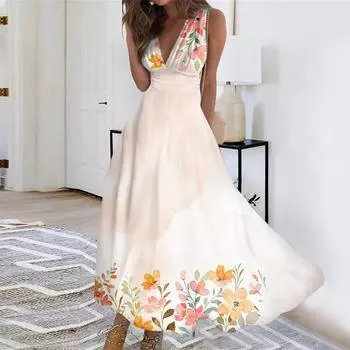 Женское длинное повседневное платье, летнее платье без рукавов с v-образным вырезом и талией с принтом XXXL бежевый