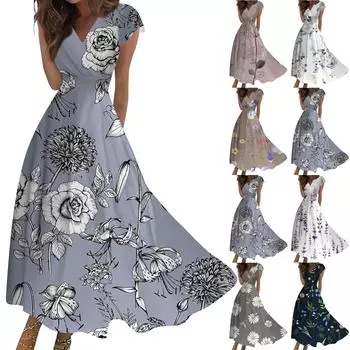 Женское длинное повседневное платье. Летнее платье с короткими рукавами и v-образным вырезом на талии с принтом. L синий