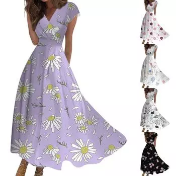 Женское длинное повседневное платье. Летнее платье с короткими рукавами и v-образным вырезом на талии с принтом. L чёрный