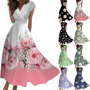 Женское длинное повседневное платье. Летнее платье с короткими рукавами и v-образным вырезом на талии с принтом. L