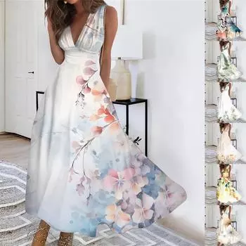 Женское длинное повседневное платье, летнее платье без рукавов с v-образным вырезом и талией с принтом L бежевый