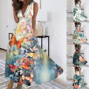 Женское длинное повседневное платье, летнее платье без рукавов с v-образным вырезом и талией с принтом L