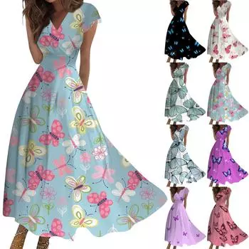 Женское длинное повседневное платье. Летнее платье с короткими рукавами и v-образным вырезом на талии с принтом. L