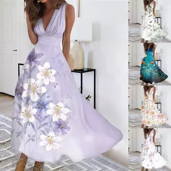 Женское длинное повседневное платье, летнее платье без рукавов с v-образным вырезом и талией с принтом L синий