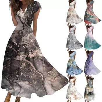 Женское длинное повседневное платье. Летнее платье с короткими рукавами и v-образным вырезом на талии с принтом. XXL чёрный