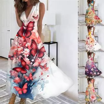 Женское длинное повседневное платье, летнее платье без рукавов с v-образным вырезом и талией с принтом L разноцветный
