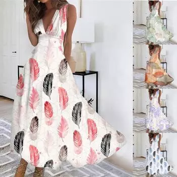 Женское длинное повседневное платье, летнее платье без рукавов с v-образным вырезом и талией с принтом L