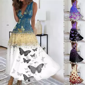 Женское длинное повседневное платье, летнее платье без рукавов с v-образным вырезом и талией с принтом L синий