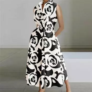 Женское длинное повседневное платье, летнее платье без рукавов с v-образным вырезом и талией с принтом XXXL чёрный