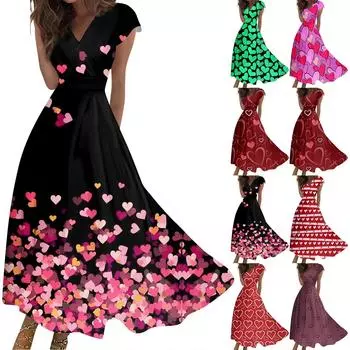 Женское длинное повседневное платье весна-лето с коротким рукавом V-образным вырезом и заниженной талией с принтом L чёрный