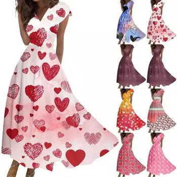 Женское длинное повседневное платье весна-лето с коротким рукавом V-образным вырезом и заниженной талией с принтом L темно-фиолетового