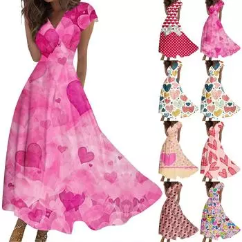 Женское длинное повседневное платье весна-лето с коротким рукавом V-образным вырезом и заниженной талией с принтом L бежевый