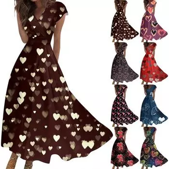 Женское длинное повседневное платье весна-лето с коротким рукавом V-образным вырезом и заниженной талией с принтом L синий