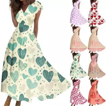 Женское длинное повседневное платье весна-лето с коротким рукавом V-образным вырезом и заниженной талией с принтом XXXL хаки