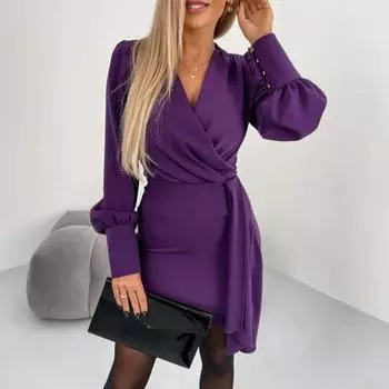 Женское длинное рукав V-образный вырез шнуровка модное вечернее платье элегантное женское повседневное платье S красный