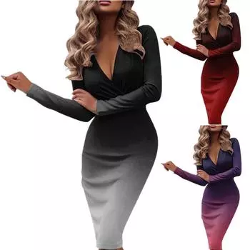 Женское длинное сексуальное платье с глубоким V-образным вырезом и градиентным эффектом L чёрный