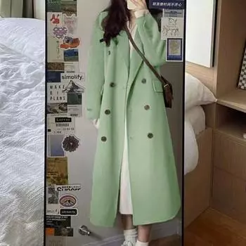 Женское длинное шерстяное пальто осень-зима с лацканами и длинными рукавами, двубортное, с карманами, верхняя одежда, однотонное теплое женское пальто XL светло-зеленый