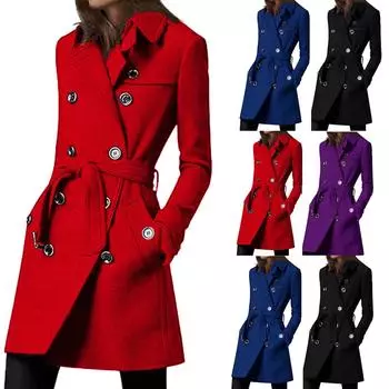 Женское длинное шерстяное пальто с завязками на талии и двубортными пуговицами M красный