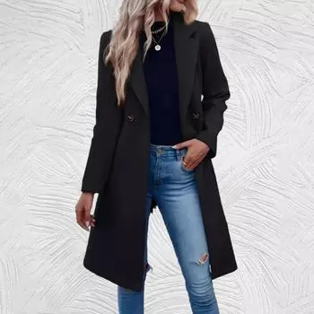 Женское длинное шерстяное женское пальто с завязками на талии и двойной пряжкой L чёрный